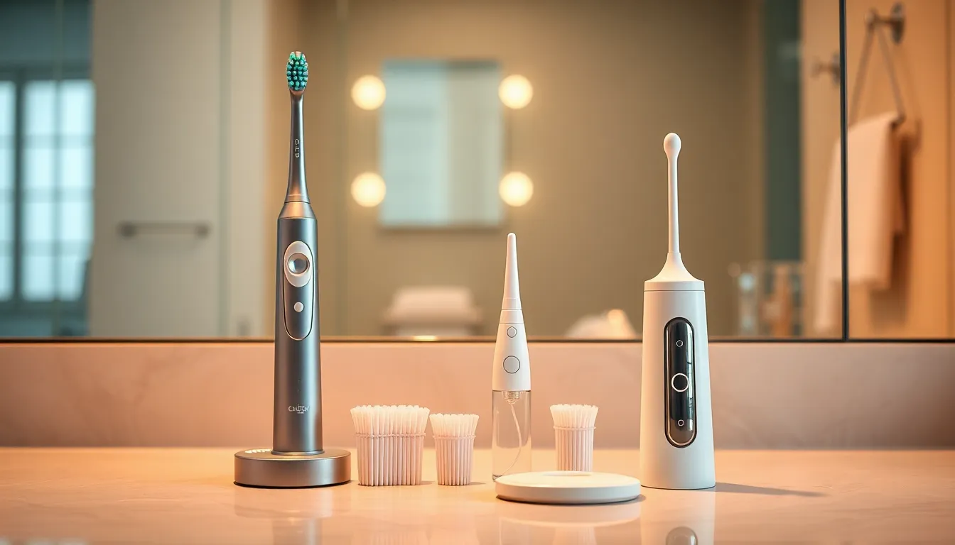 variety of teeth cleaning tools in a modern bathroom setting.