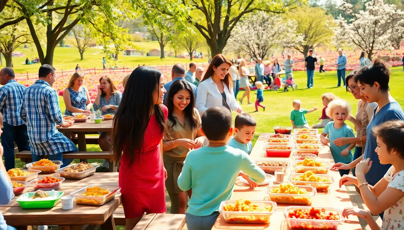 diverse group enjoying a community potluck in a sunny park.