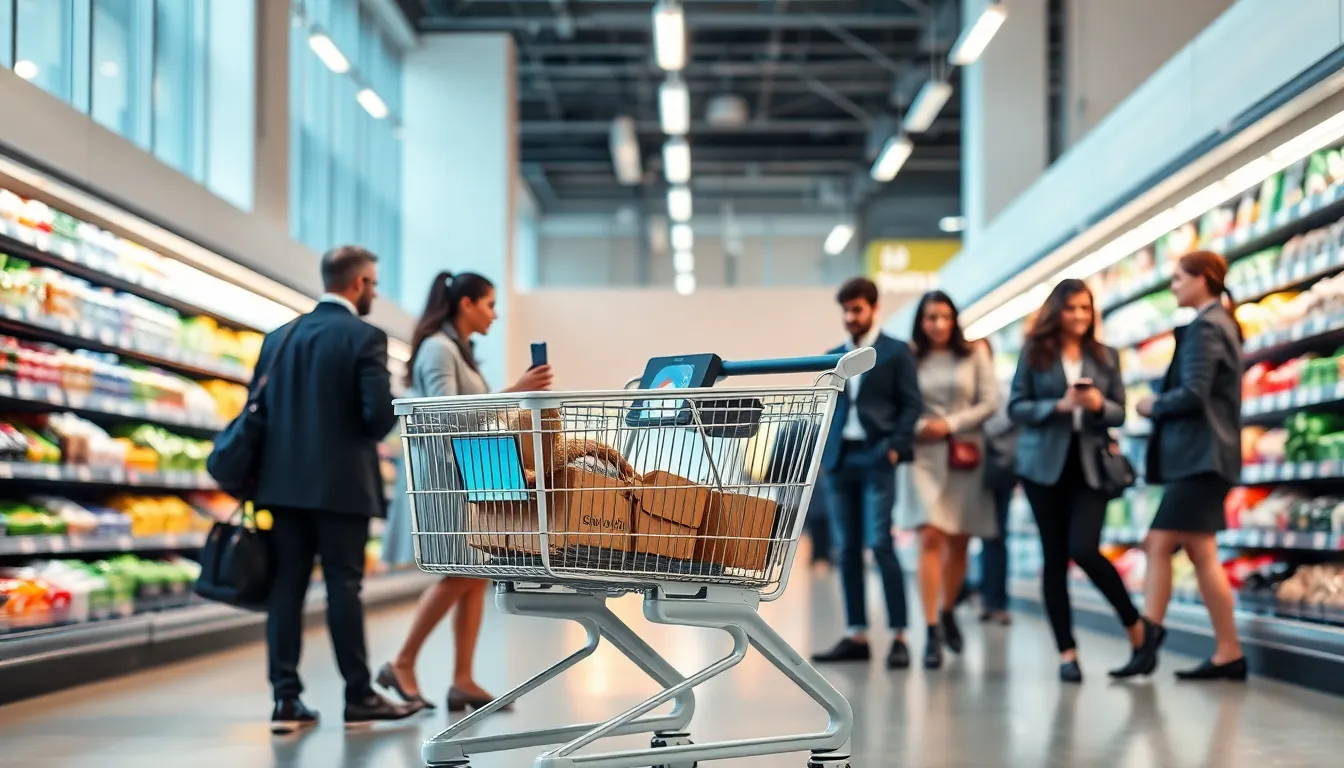modern smart shopping cart in a grocery store aisle.