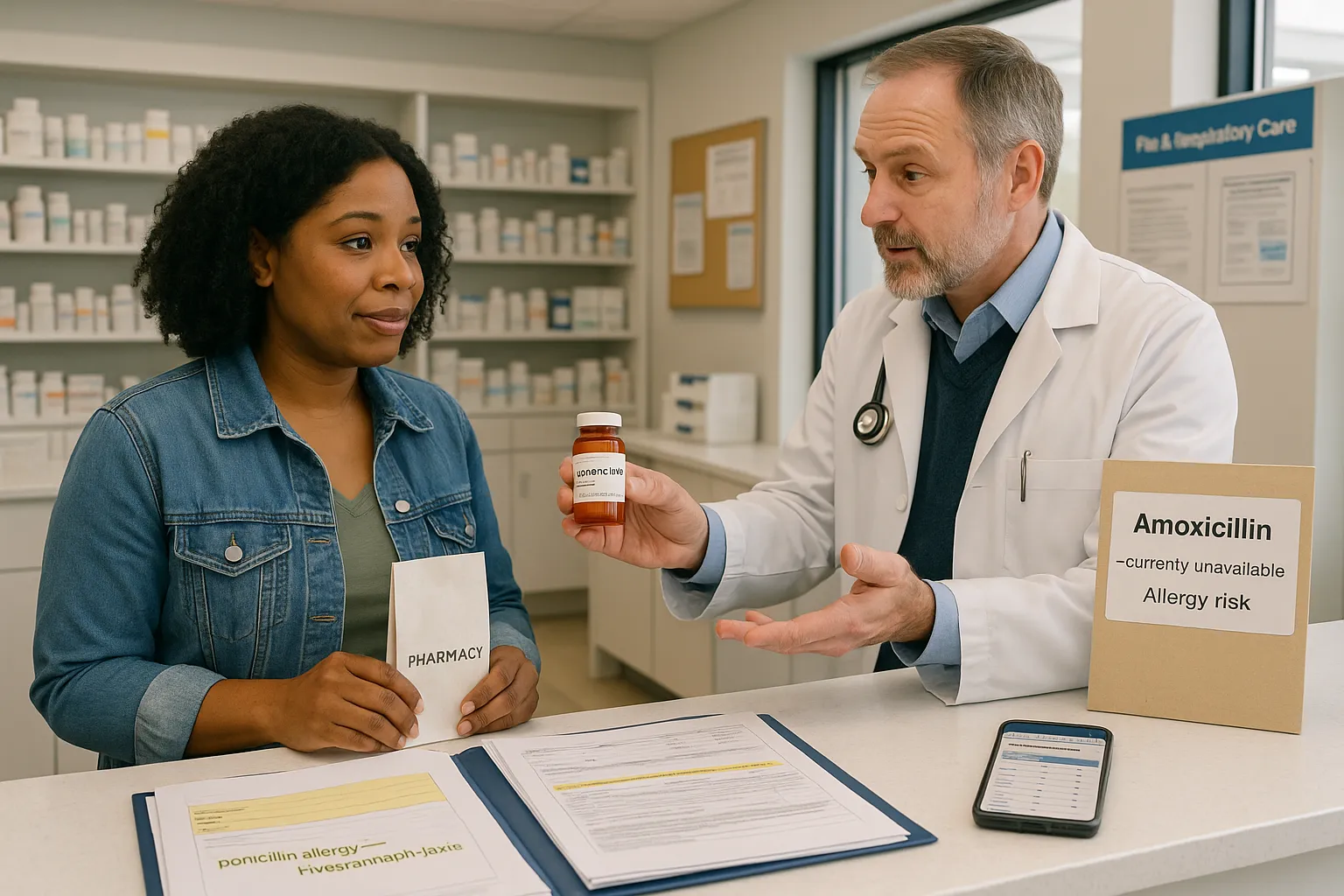 Pharmacist hands a doxycycline prescription to a relieved patient in a U.S. pharmacy.