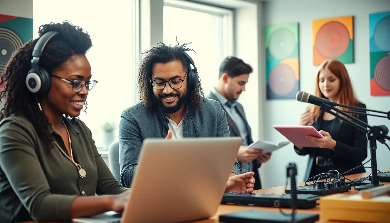 diverse professionals collaborating in a vibrant radio-themed workspace.