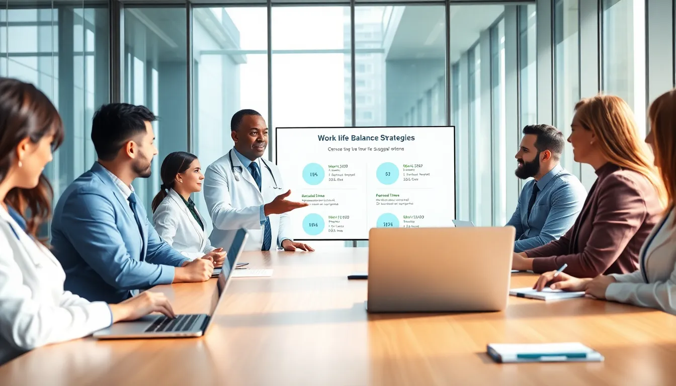 diverse surgeons discussing work-life balance in a conference room.