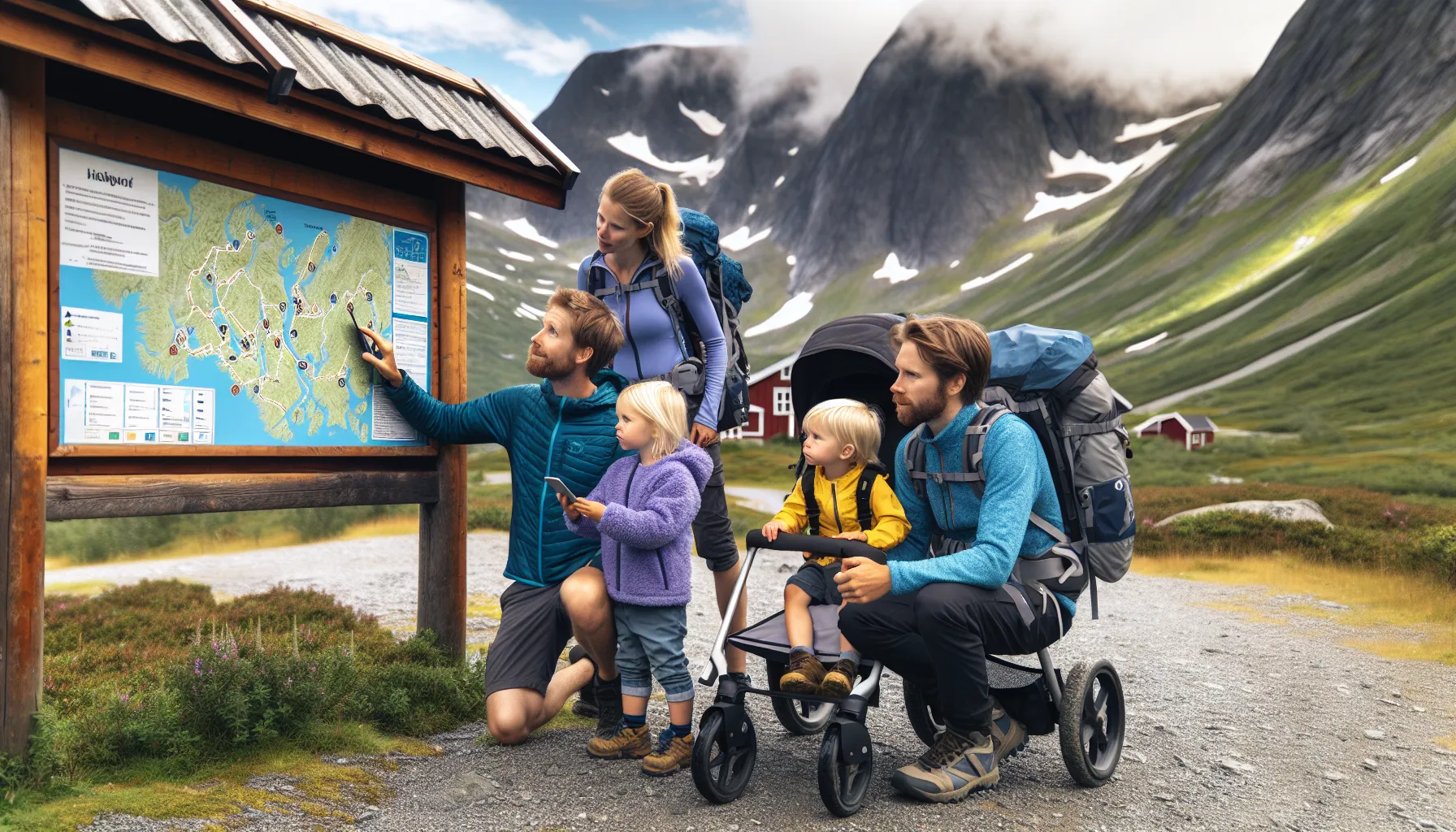 Norwegian family studying a trail map before a family-friendly mountain hike.