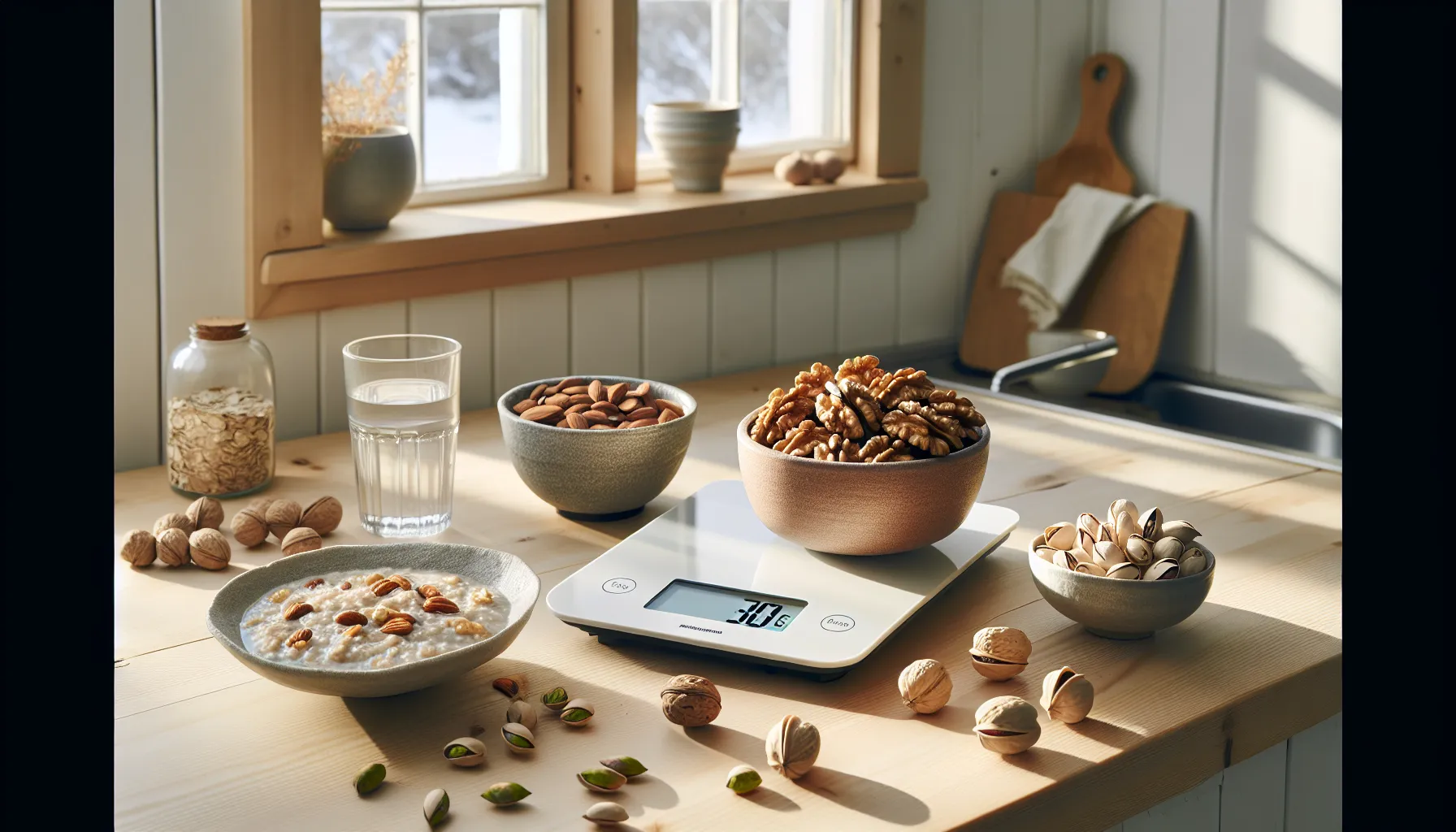 De beste nøttene for å redusere kolesterol 3 30-gram walnuts on scale with almonds, pistachios, and hazelnuts nearby.