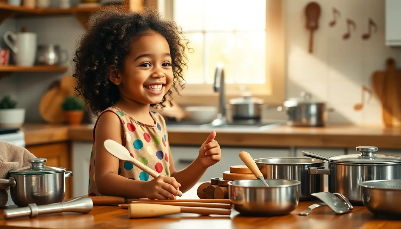 young girl playing music with kitchen utensils in a cozy kitchen.