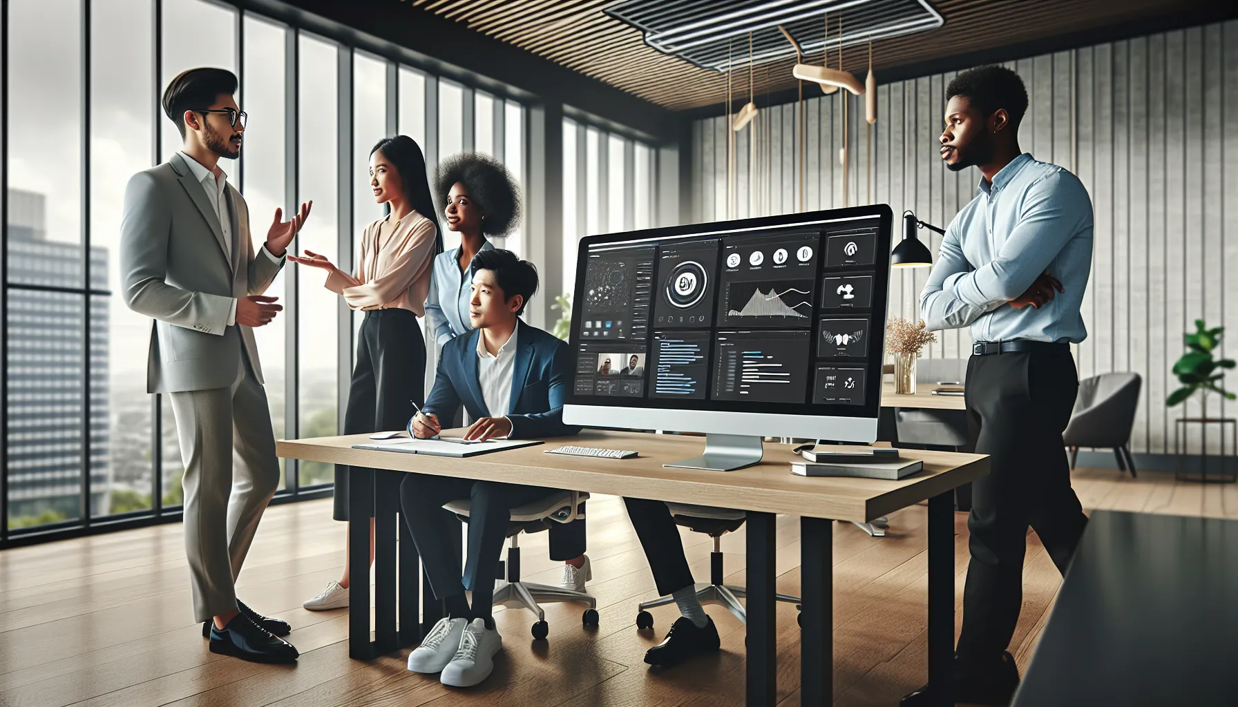 diverse team collaborating on a PC featuring Widdeadvi on the screen.