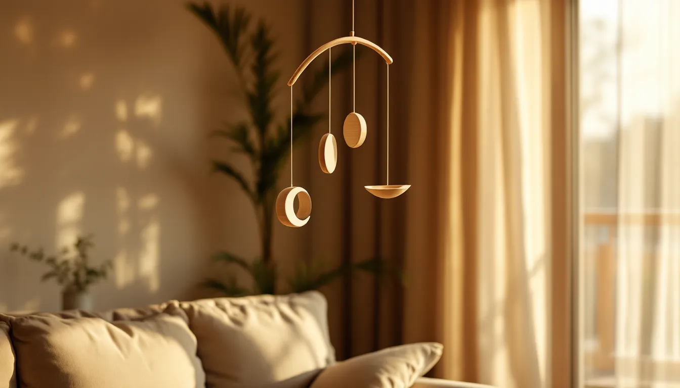 A balanced wooden mobile with wellness symbols in a sunlit living room.