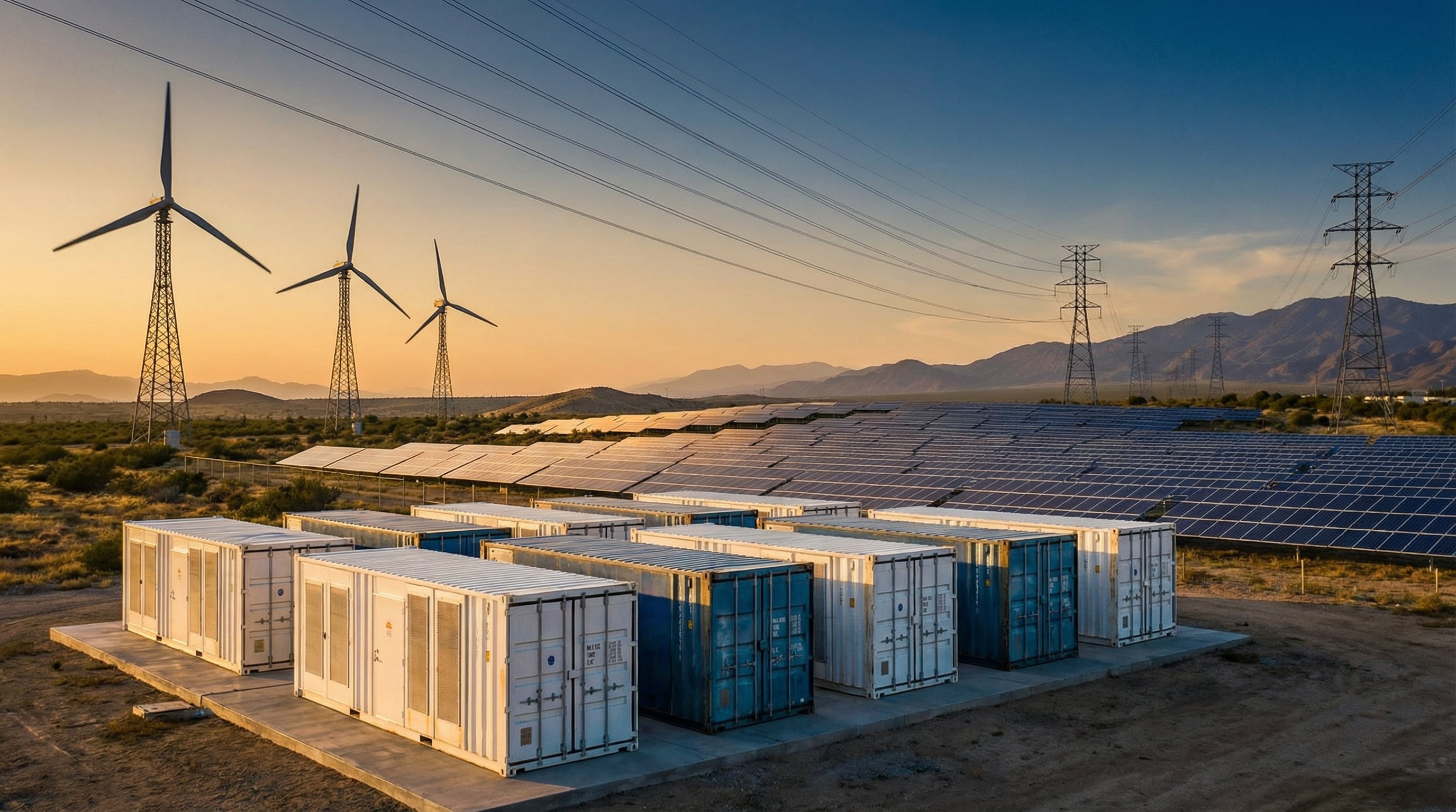 3D render of battery storage facility with solar panels and wind turbines in American landscape.