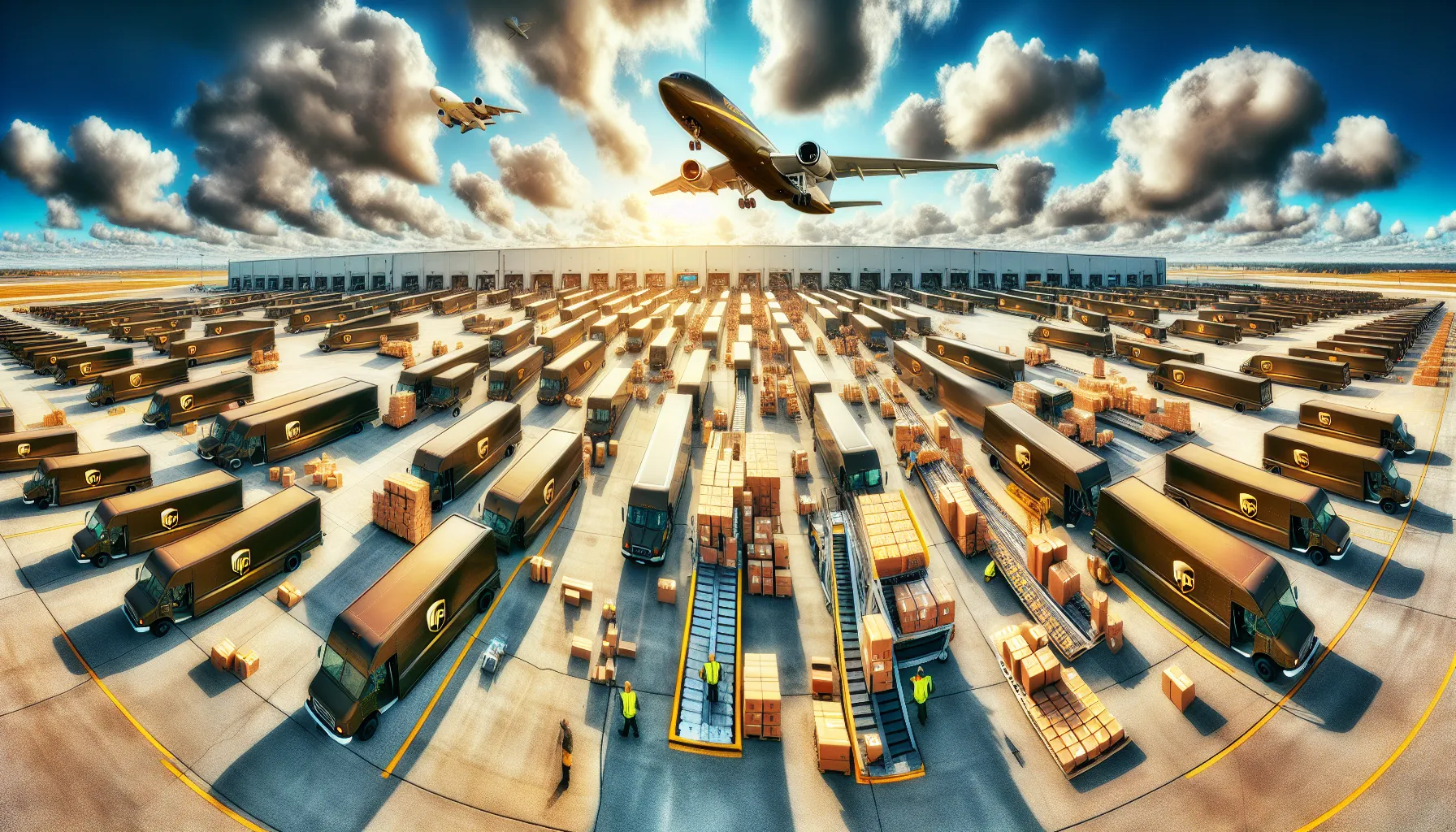 UPS logistics hub with branded vehicles and aircraft managing package operations.