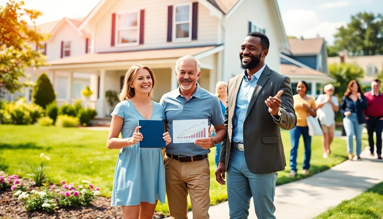 a couple exploring a house with a real estate agent in a suburban neighborhood.