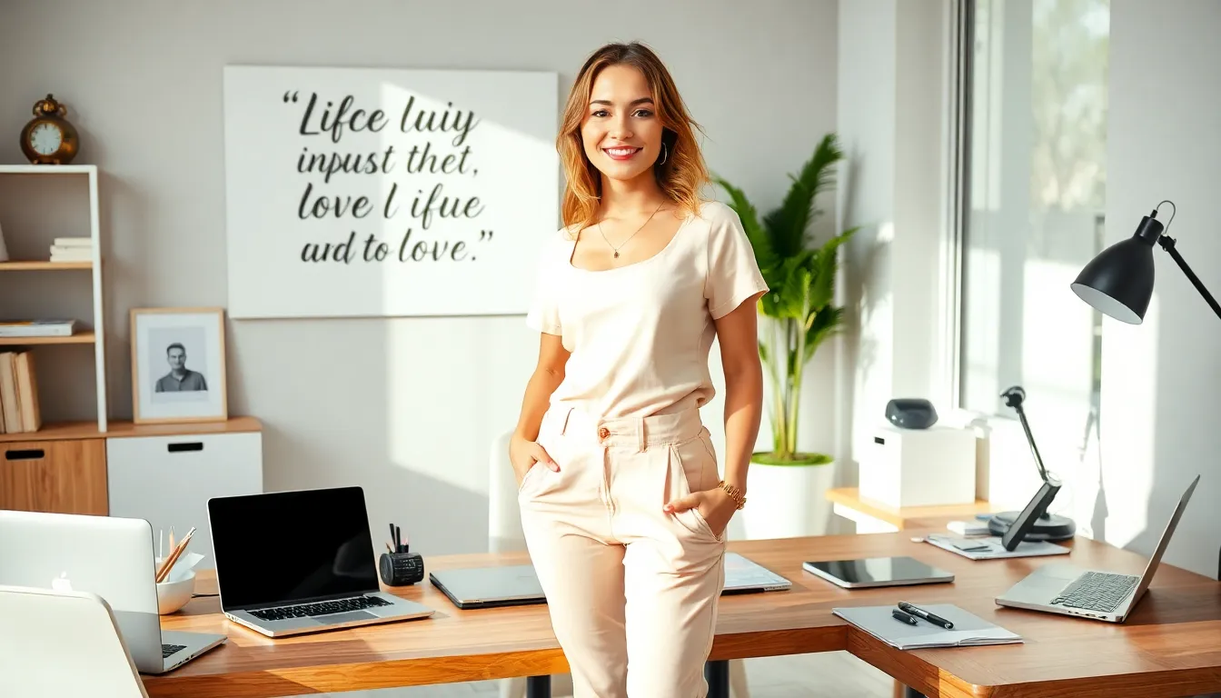 Leahgelickk in a modern workspace, radiating confidence and creativity.