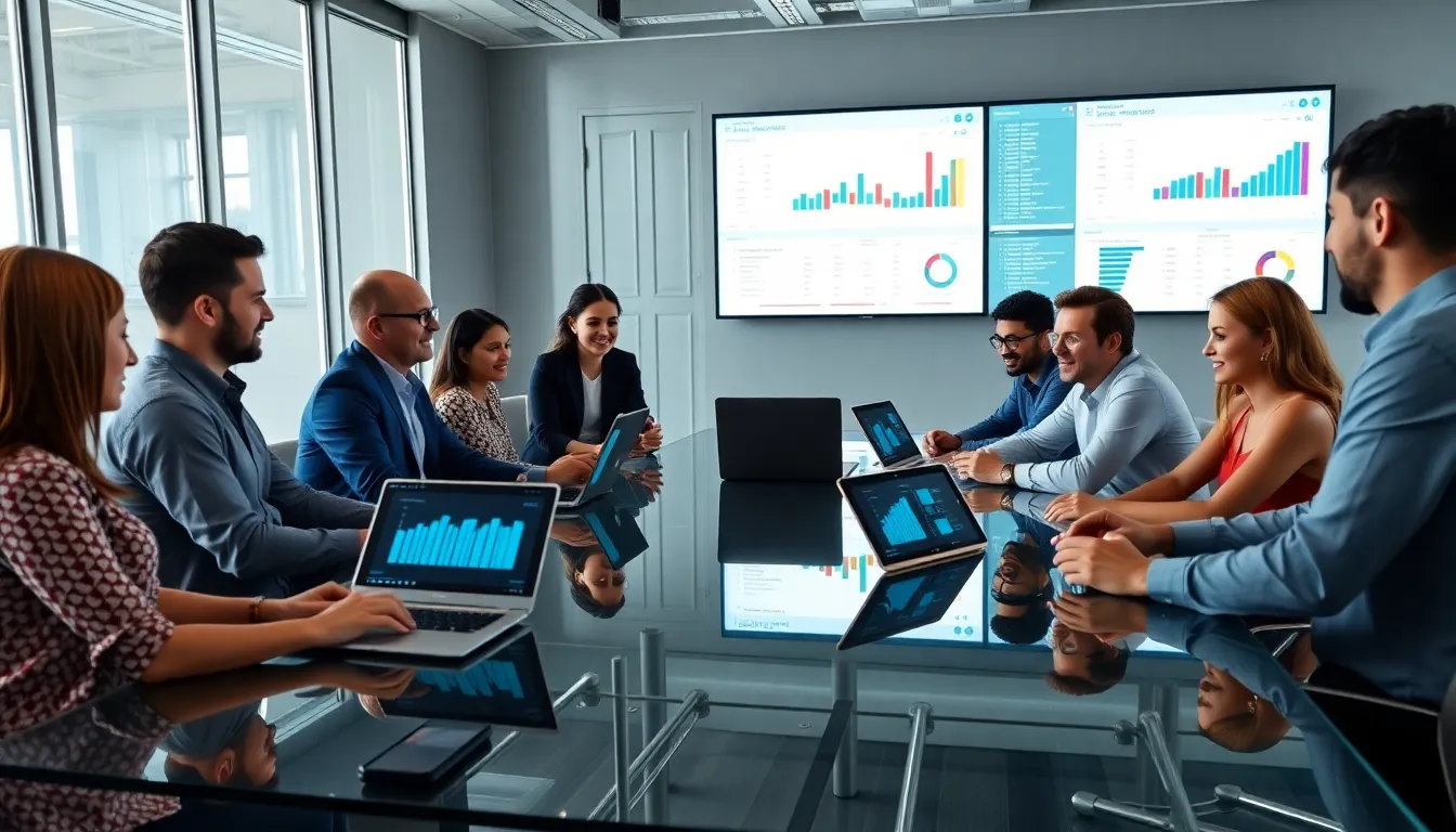diverse data science team analyzing data in a modern office.
