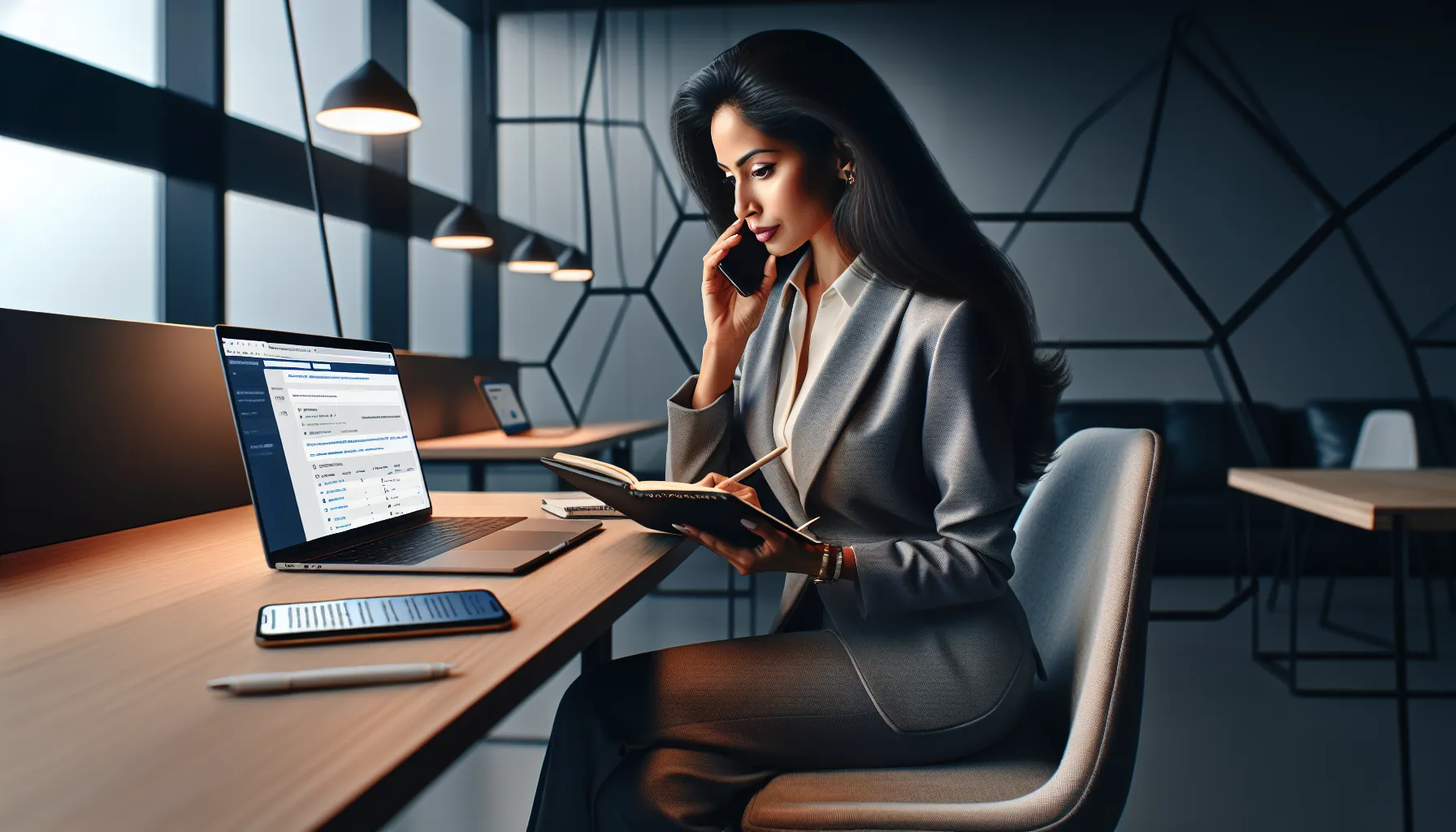 individual researching the legitimacy of a phone number at a modern desk.