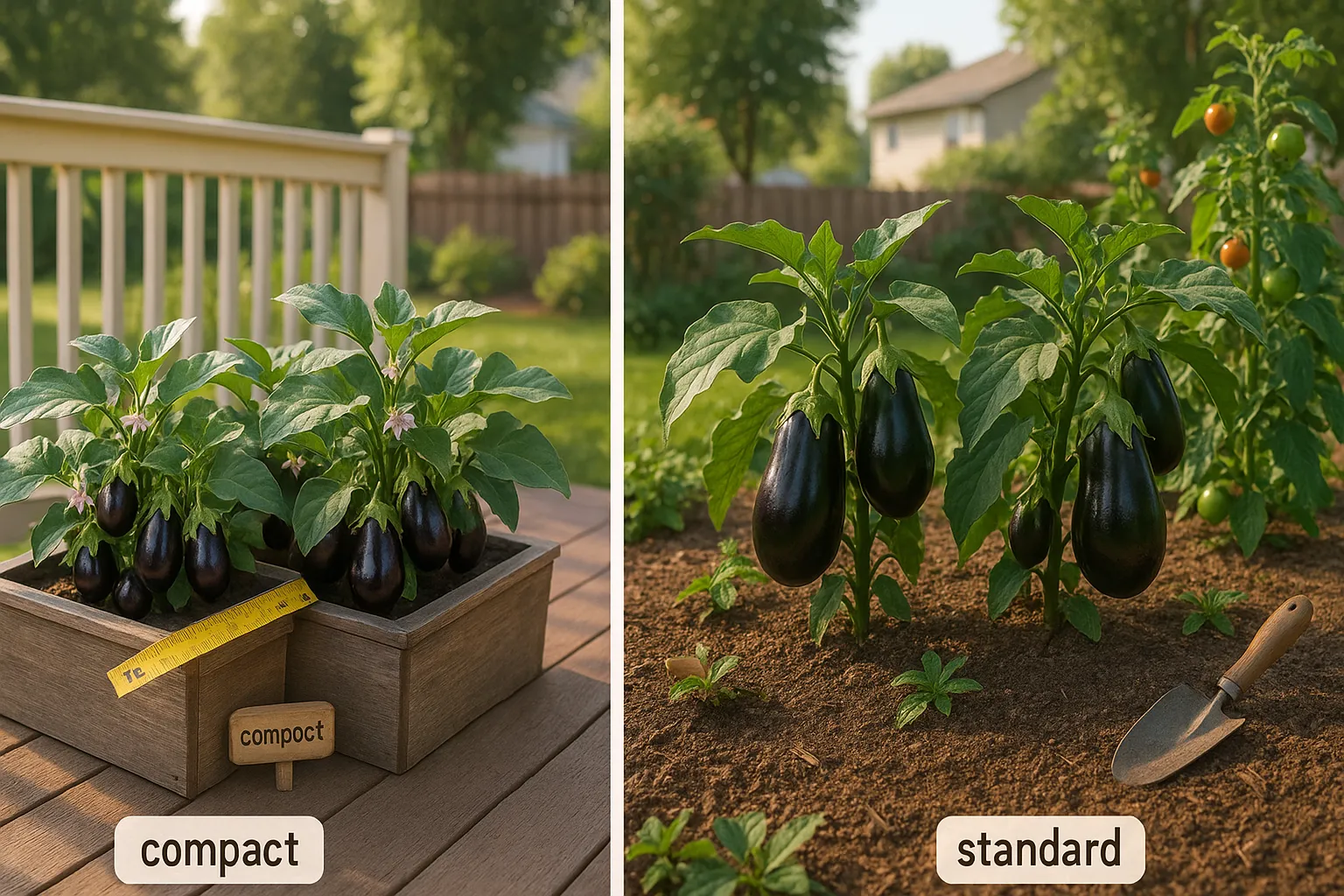 compact aubergines in small planters beside larger standard aubergine plants in a bed