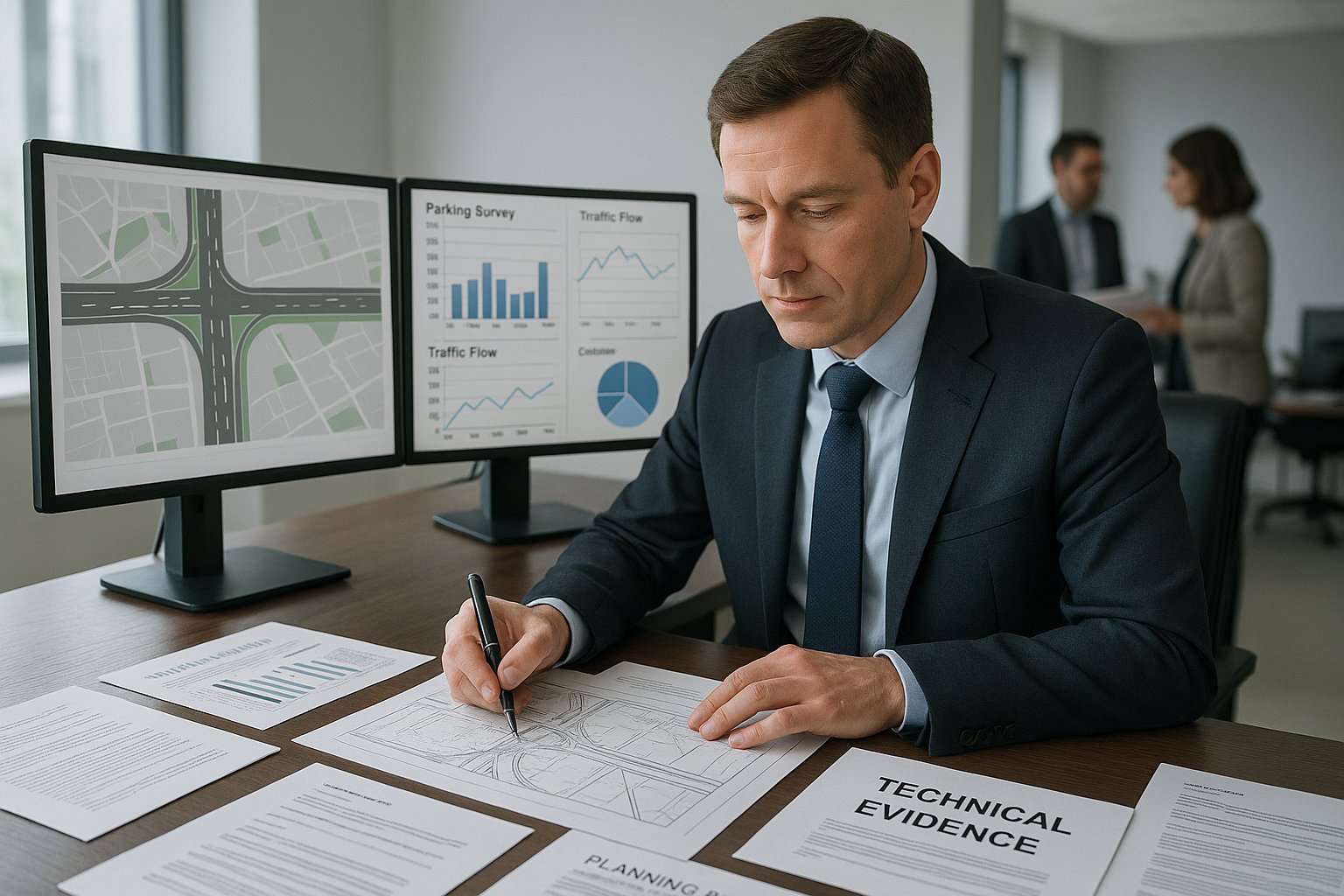 Transport planning expert reviewing evidence and traffic reports in a modern office.
