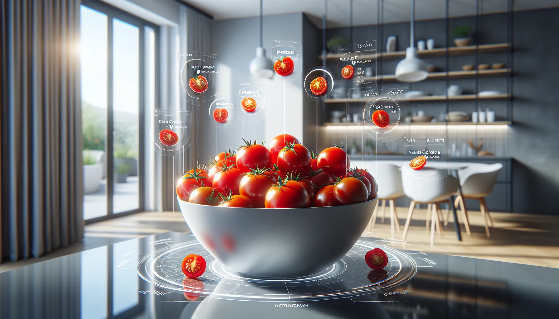 Bowl of cherry tomatoes with nutritional value cards.