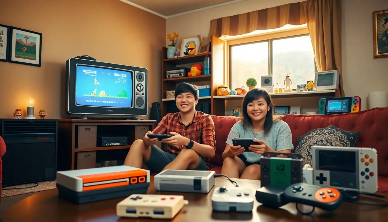 gamers enjoying a variety of Nintendo gadgets in a cozy living room.