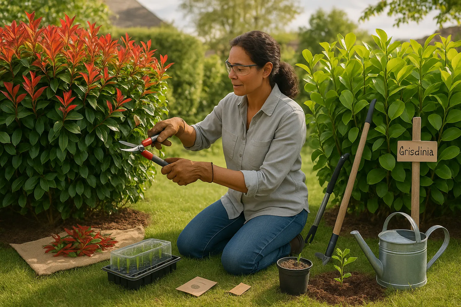 Gardener pruning Photinia Red Robin beside a softer-shaped Griselinia hedge.