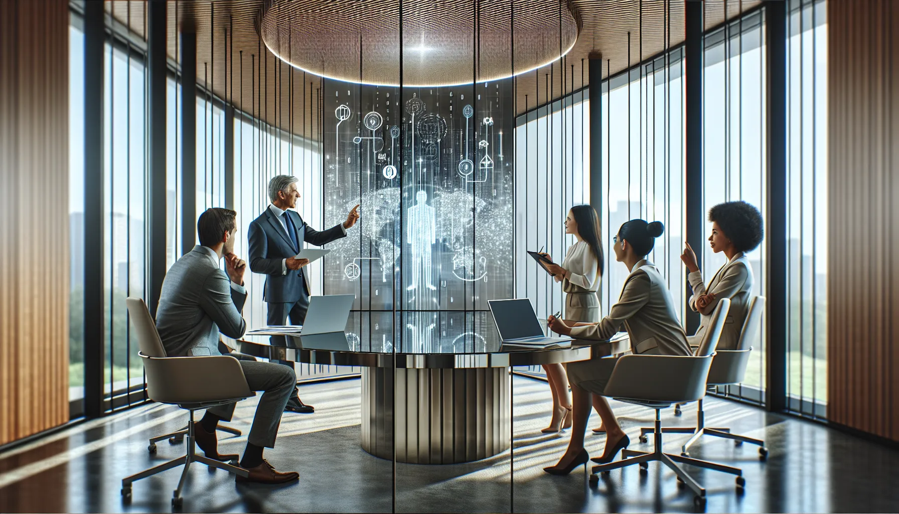 diverse professionals discussing data identification in a modern office.