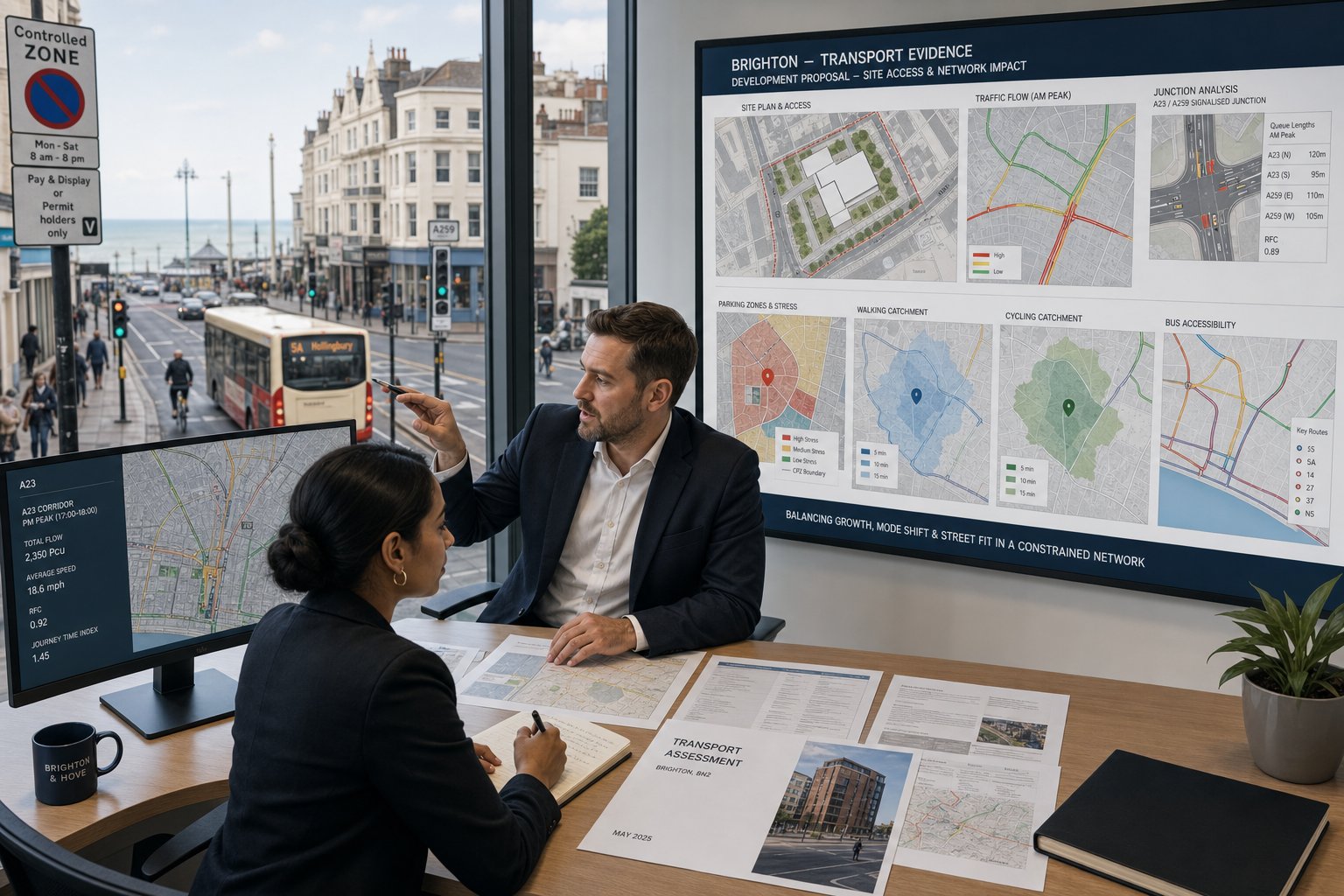 Traffic engineer reviewing Brighton transport plans in a modern office.