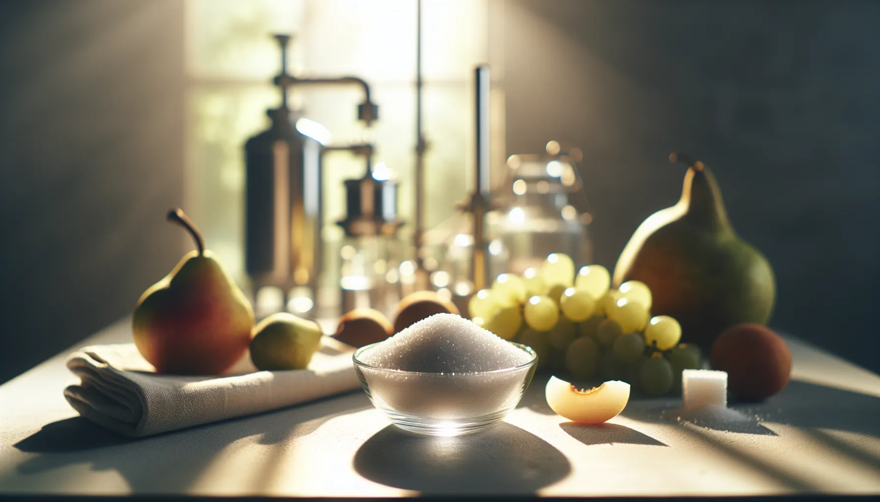 A kitchen counter with erythritol in a glass bowl and fresh fruits nearby.