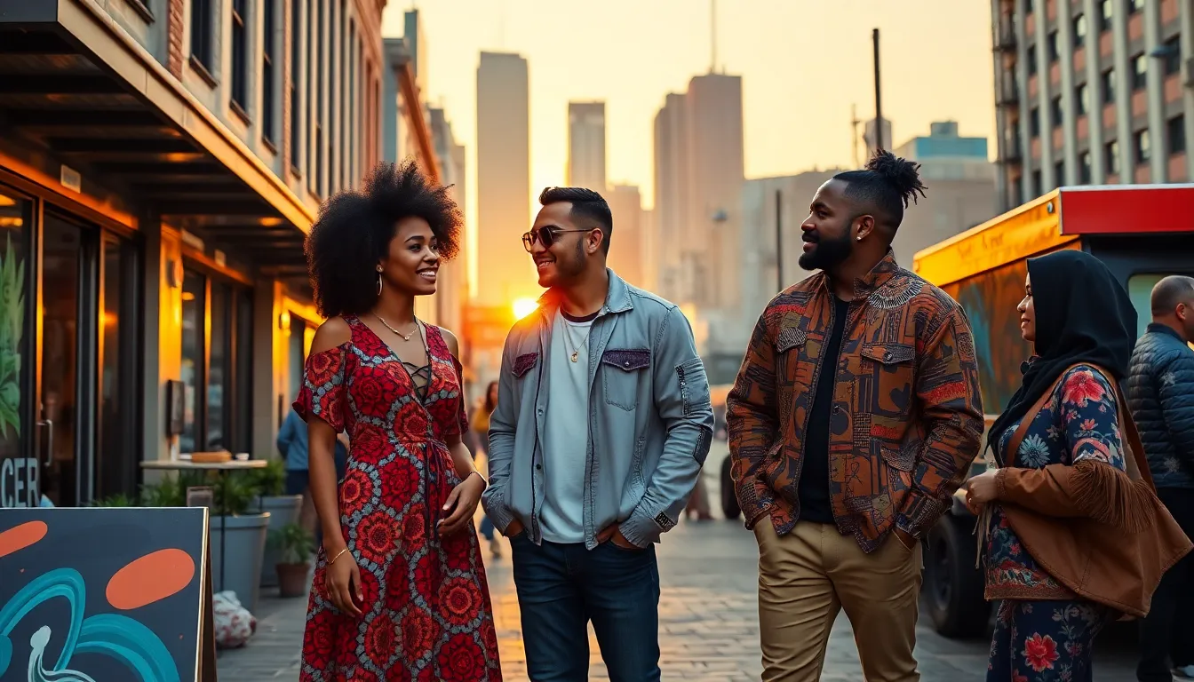 diverse group of stylish individuals in a vibrant Brooklyn street.