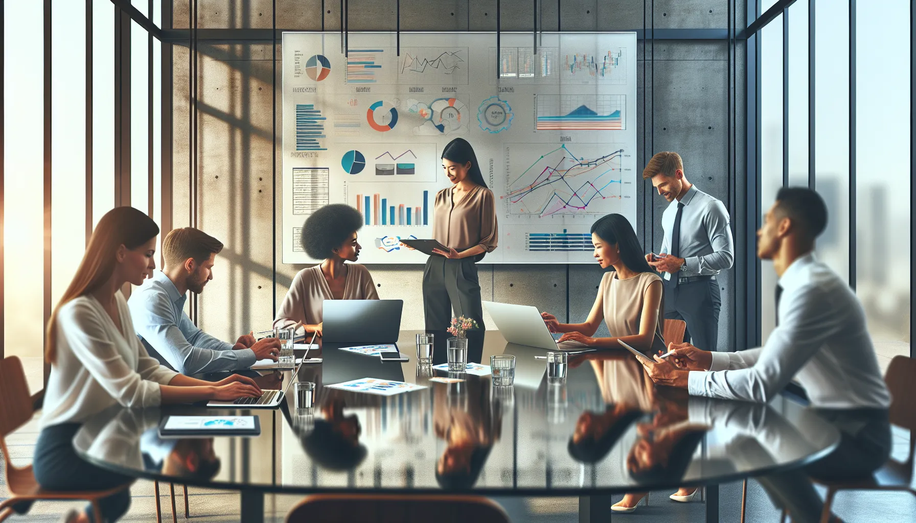 diverse team collaborating in a modern office with technology.
