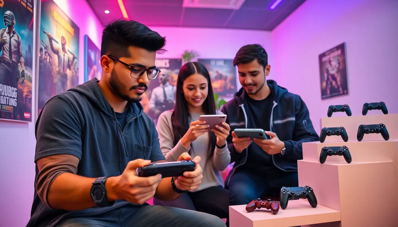 diverse gamers using controllers to play PUBG Mobile in a modern setup.