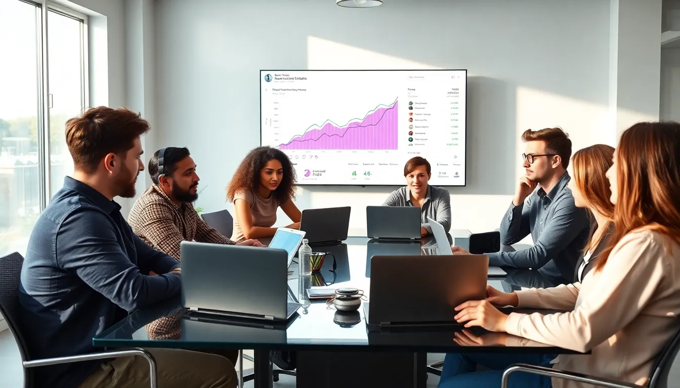 diverse team collaborating on social media content strategy.