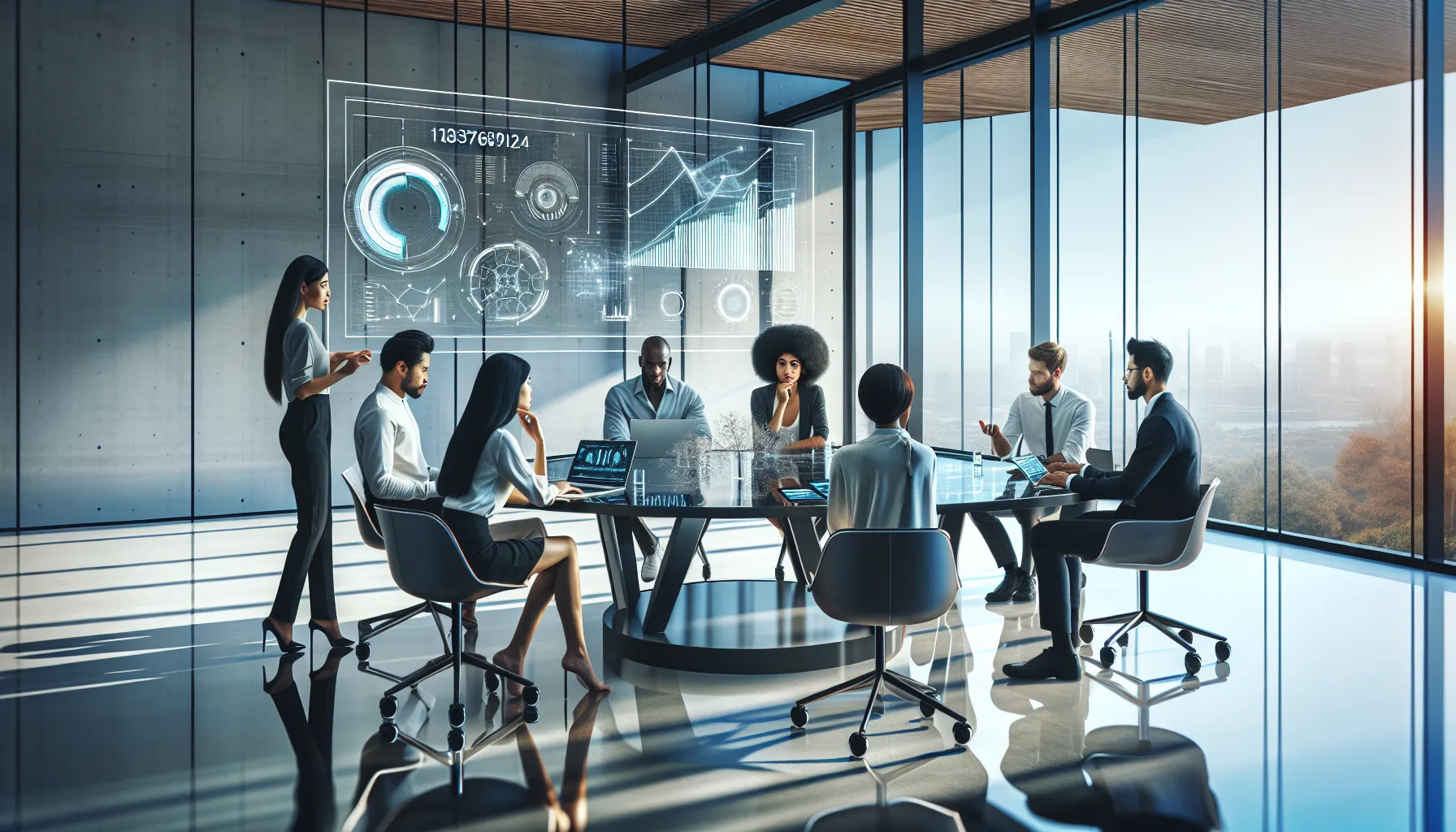 diverse professionals in a modern workspace discussing number systems.