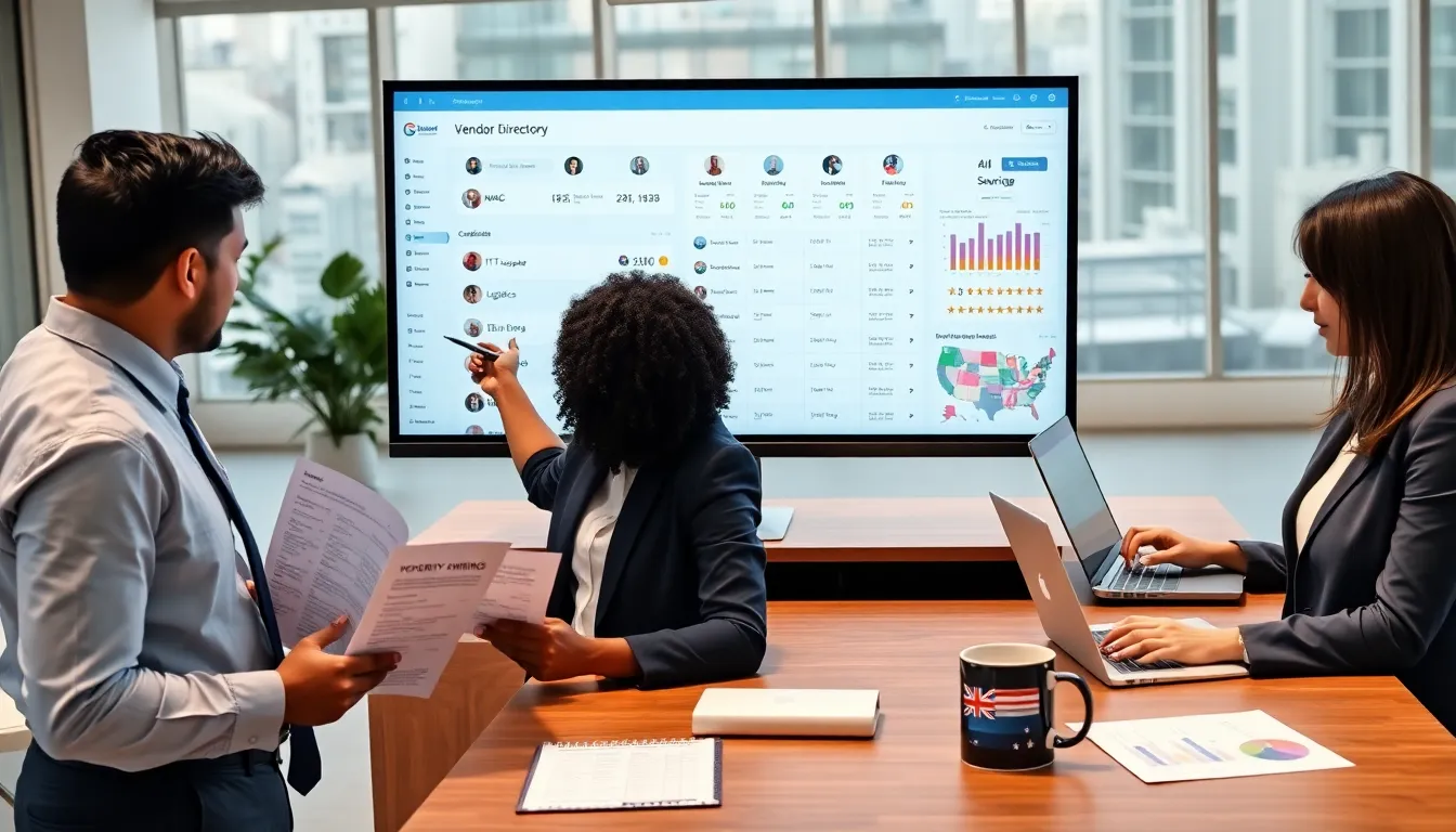 Procurement manager pointing at a vendor directory dashboard on a monitor.