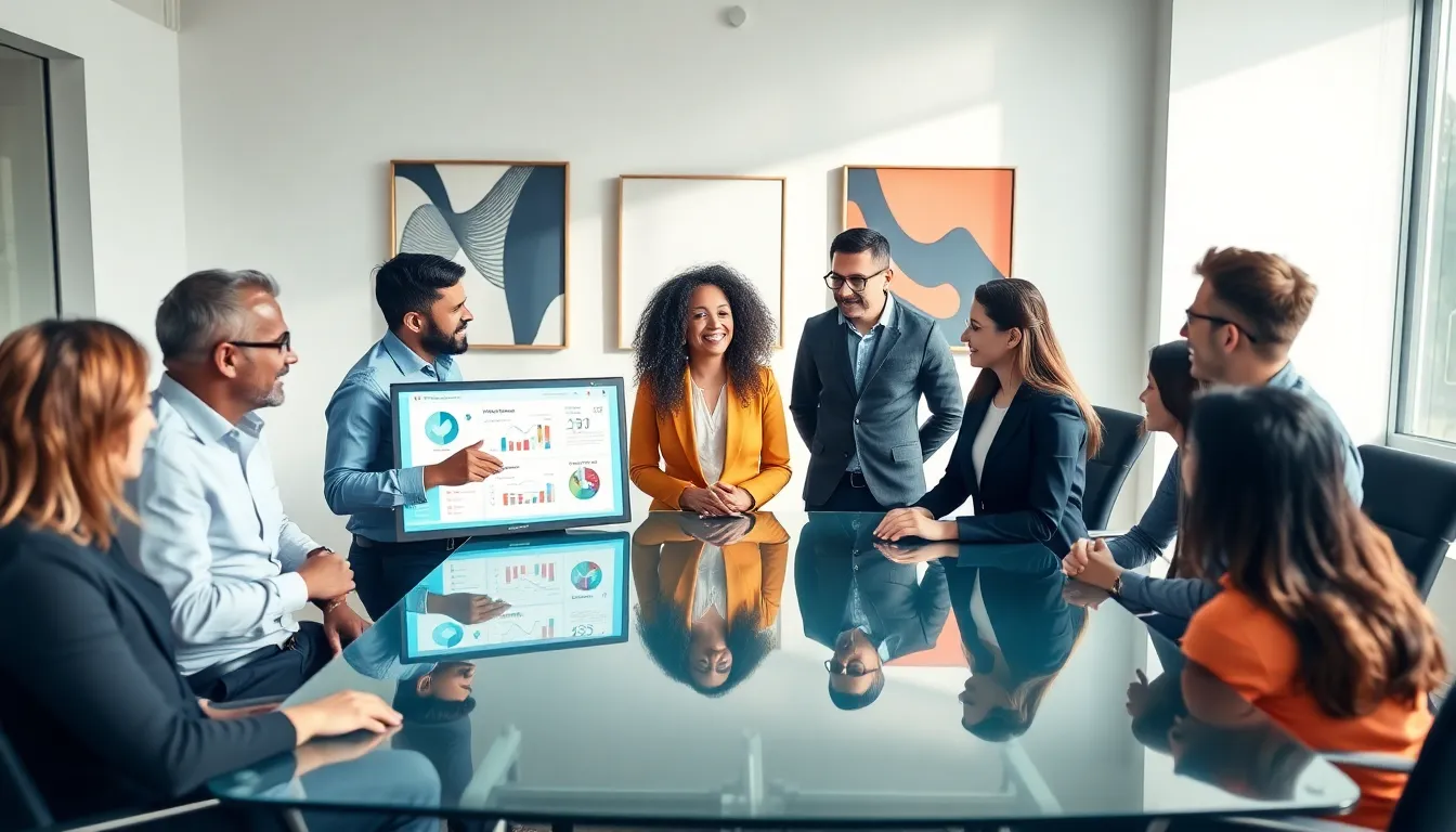 diverse team discussing social media strategies in a modern office.