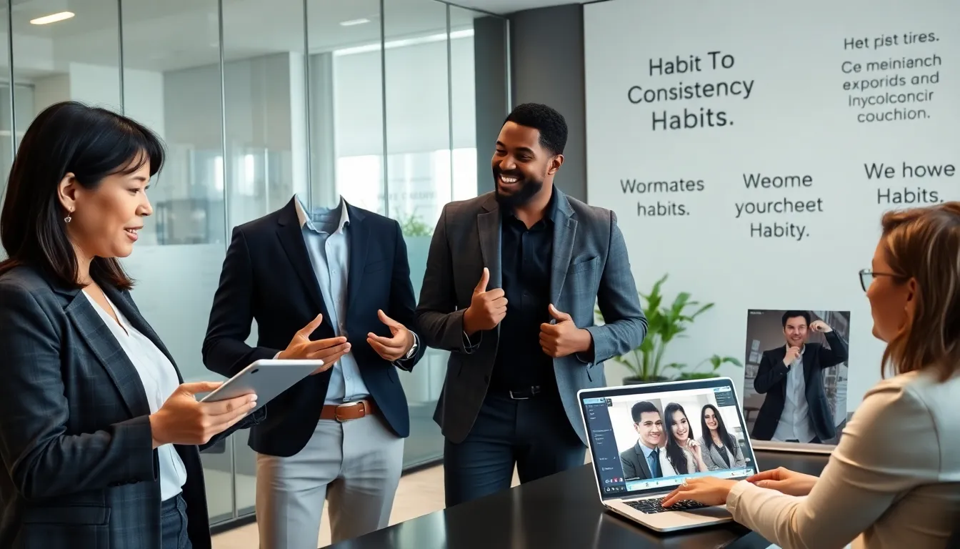 diverse professionals discussing habit formation in a modern office.