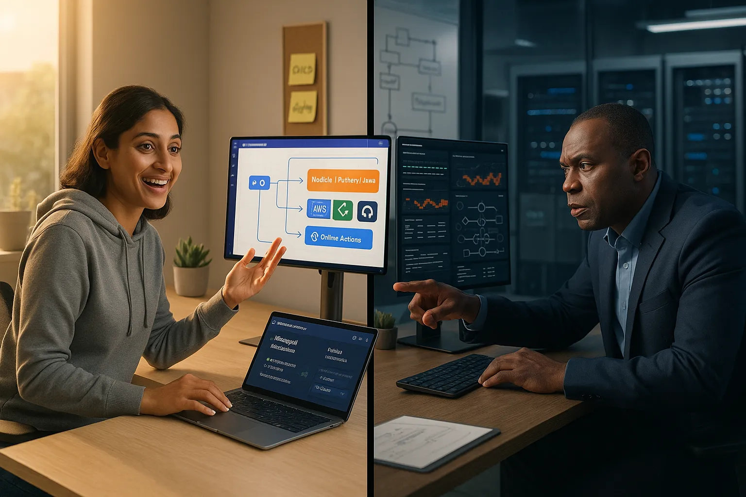 Two engineers comparing a bright developer dashboard and a dark enterprise telemetry dashboard.