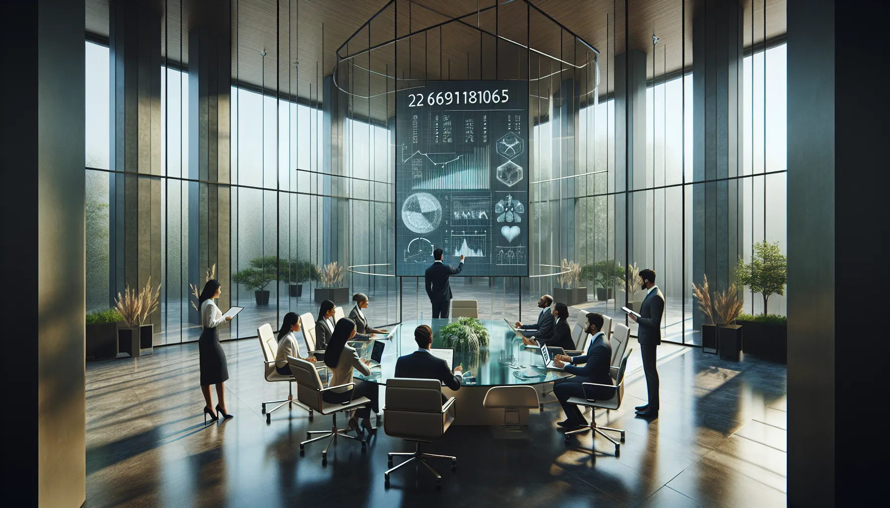 diverse team analyzing the significance of a number in a modern office.