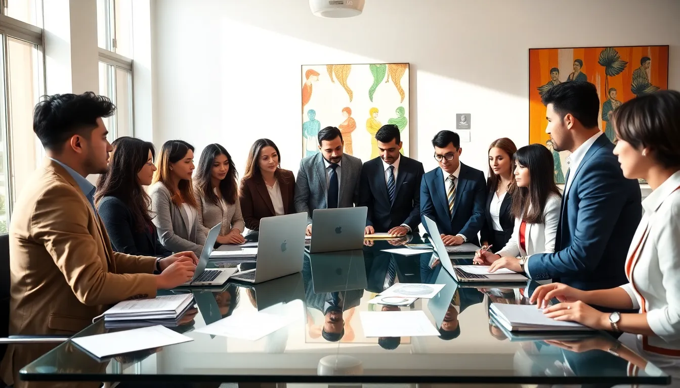 diverse team brainstorming cultural concepts in a modern office.