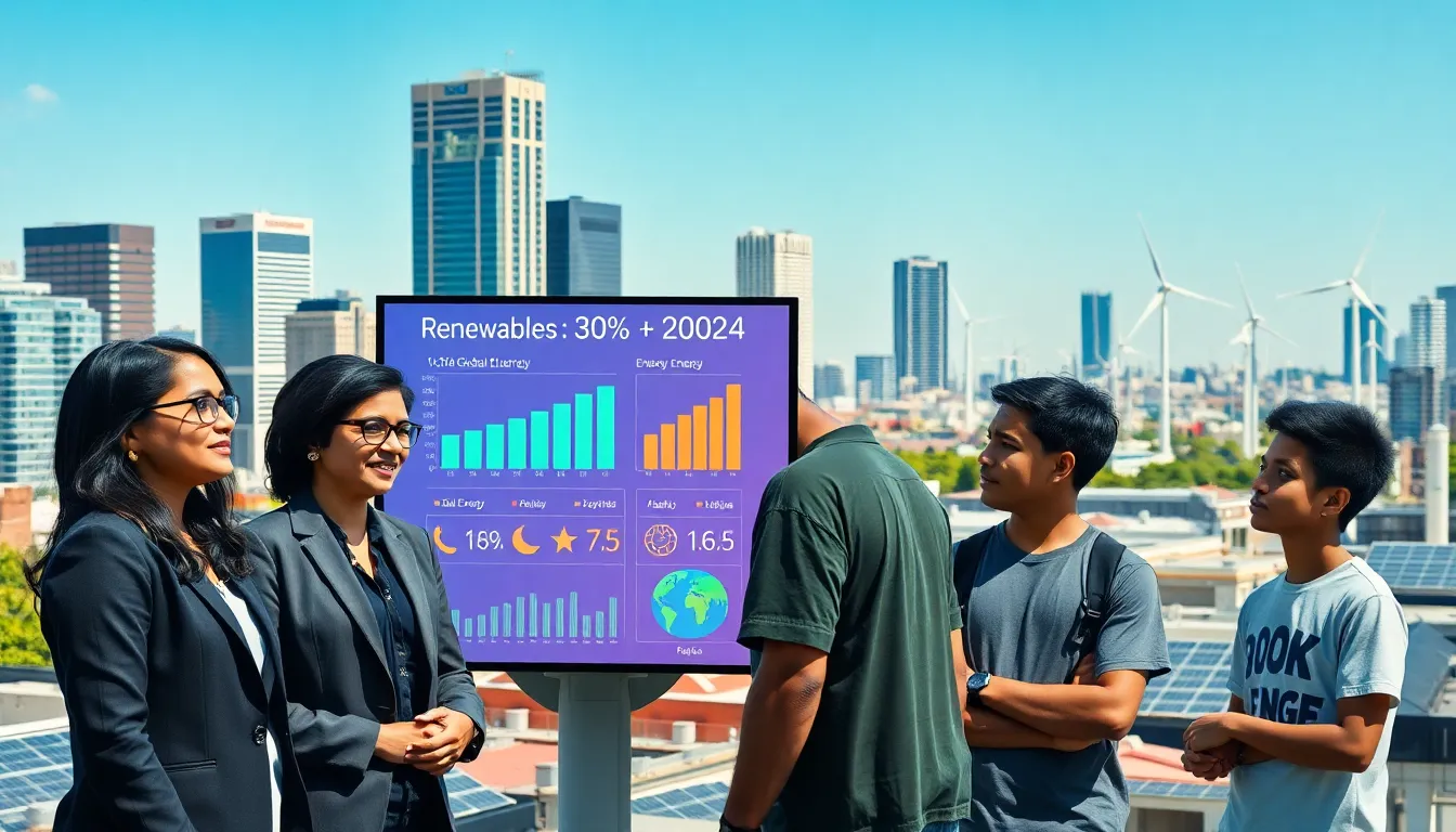 professionals discussing renewable energy trends in a modern urban setting.