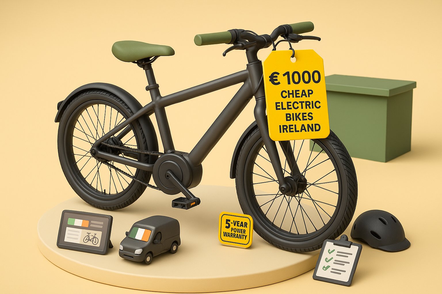3D render of an affordable electric commuter bike with Irish-themed badges.
