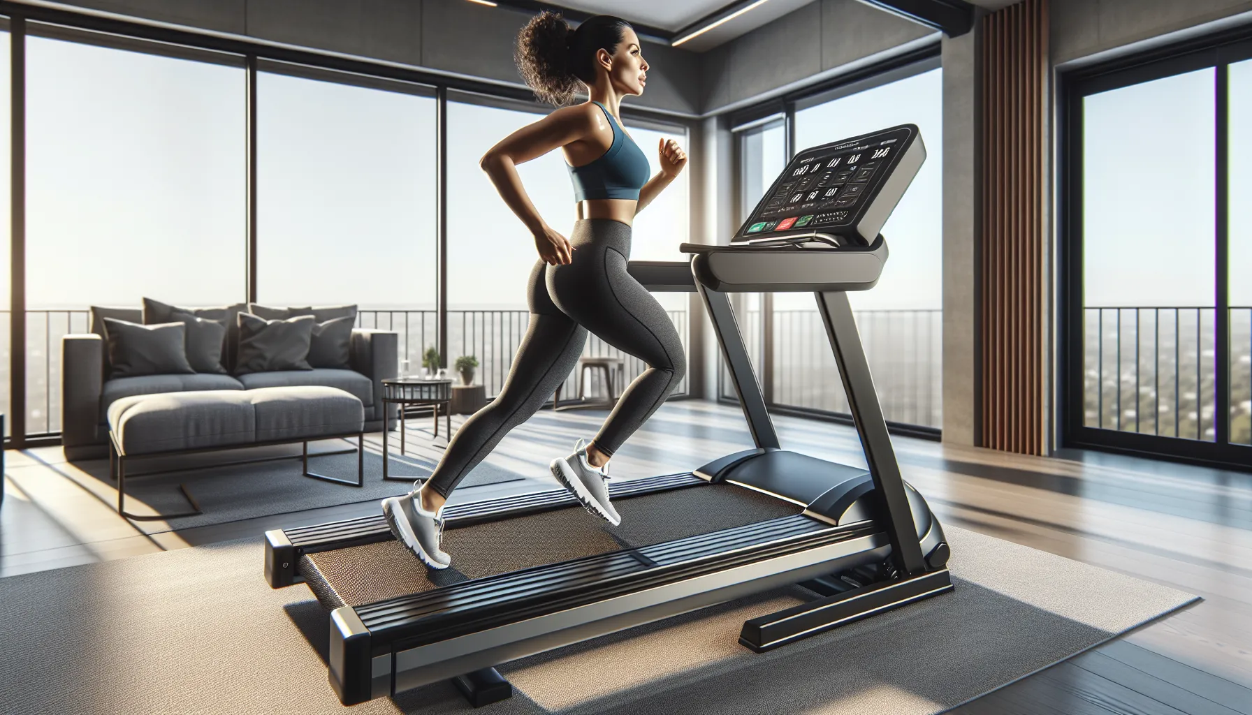 Woman running on a steep-incline treadmill in a quiet, sunlit apartment.