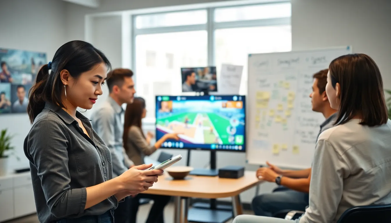 diverse game development team collaborating in a modern office.