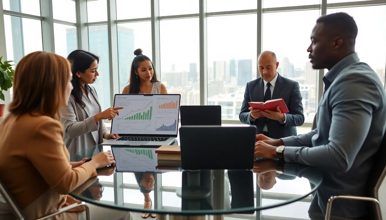 diverse investors discussing real estate and stock investments in a modern office.
