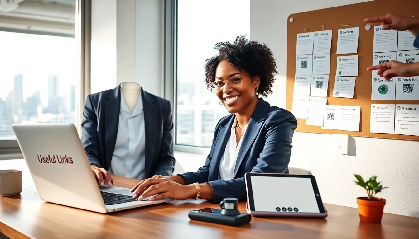 Professional woman using a curated useful links dashboard at a modern office desk.