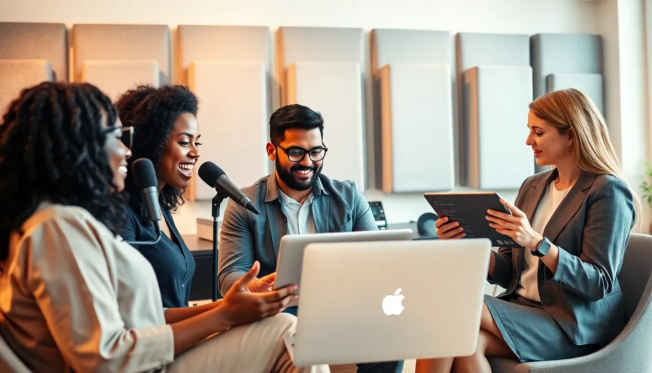 diverse team discussing technology podcasts in a modern office.