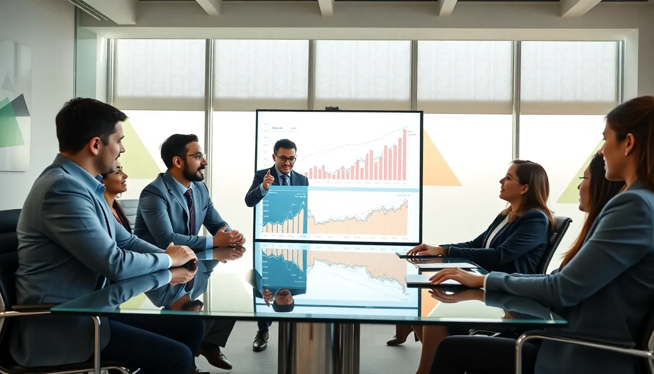 diverse team discussing economic trends in a modern office.