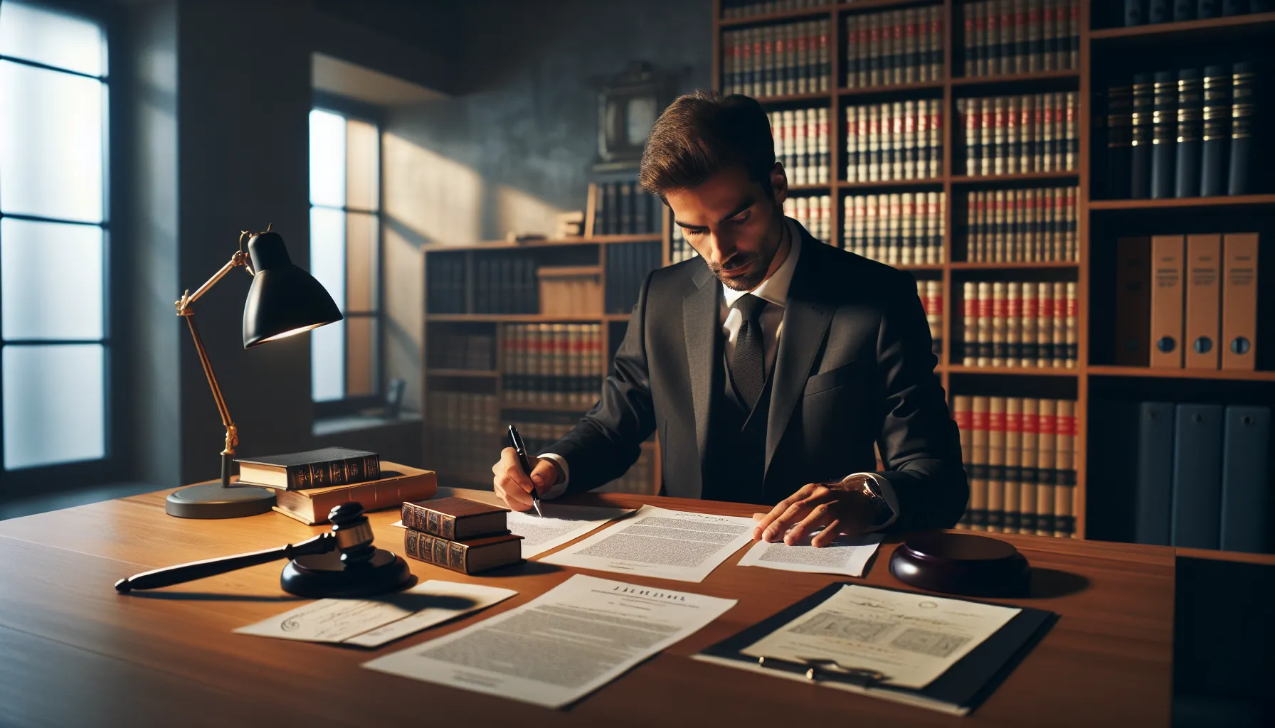 Croatian lawyer reviewing lifelong maintenance contract documents in modern office setting.