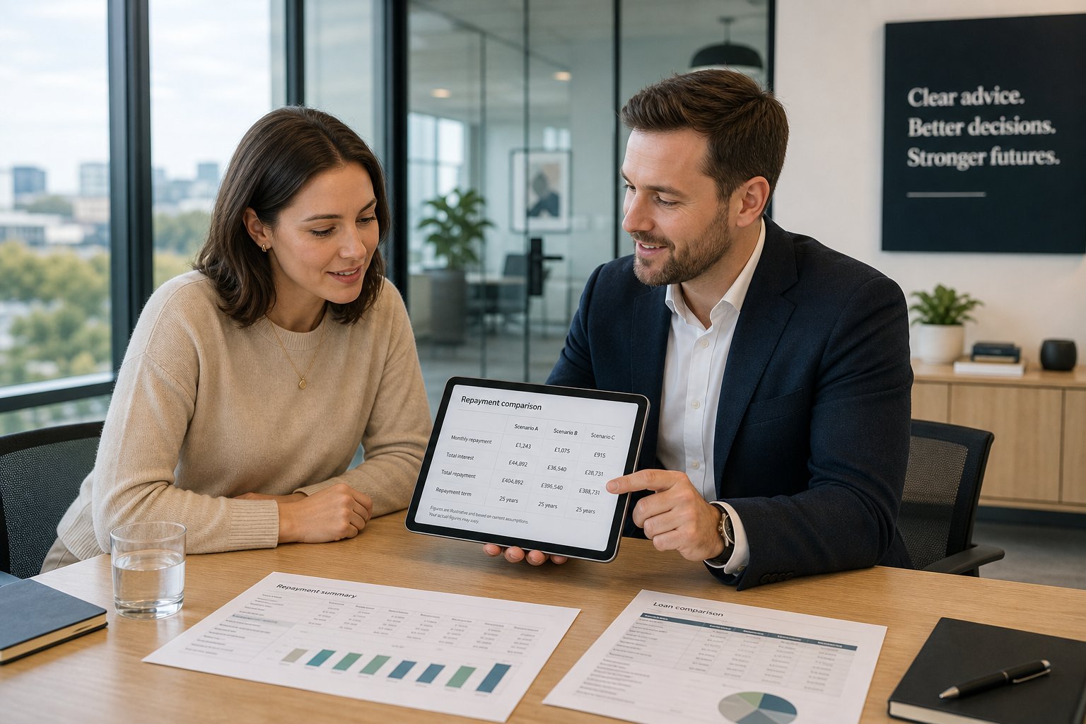 Client and adviser comparing commercial mortgage figures in a modern glass meeting room.