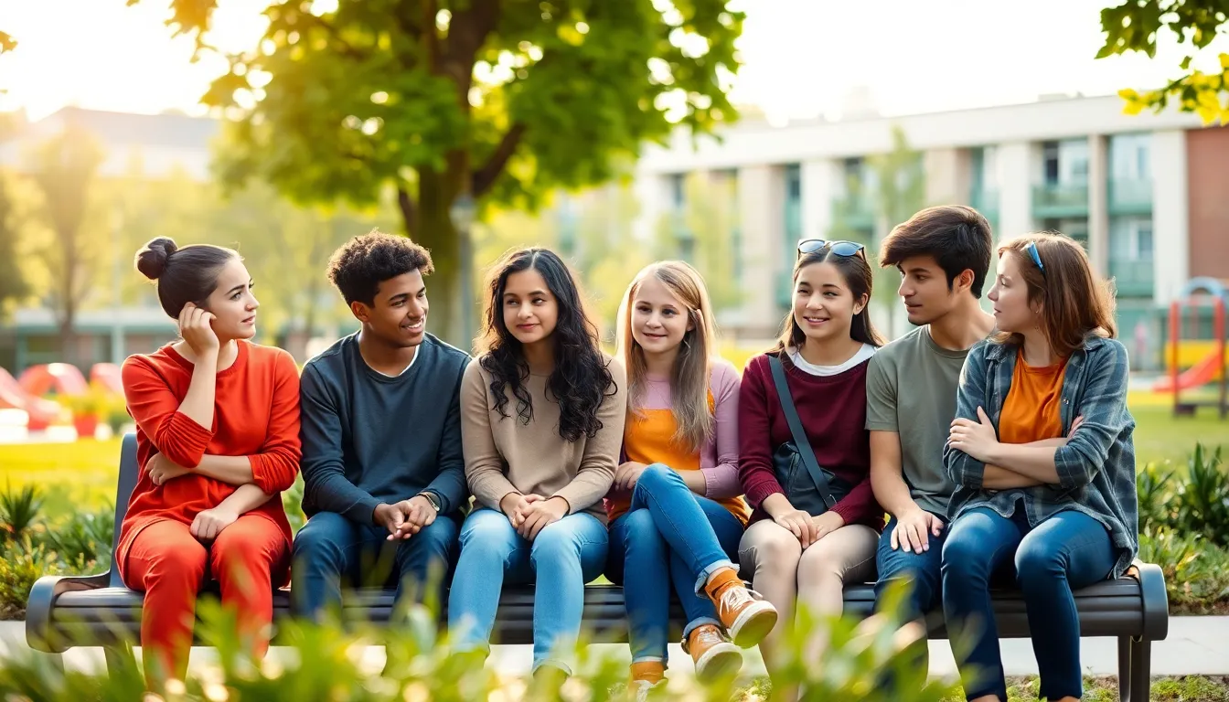 diverse teenagers discussing emotions in an outdoor setting.