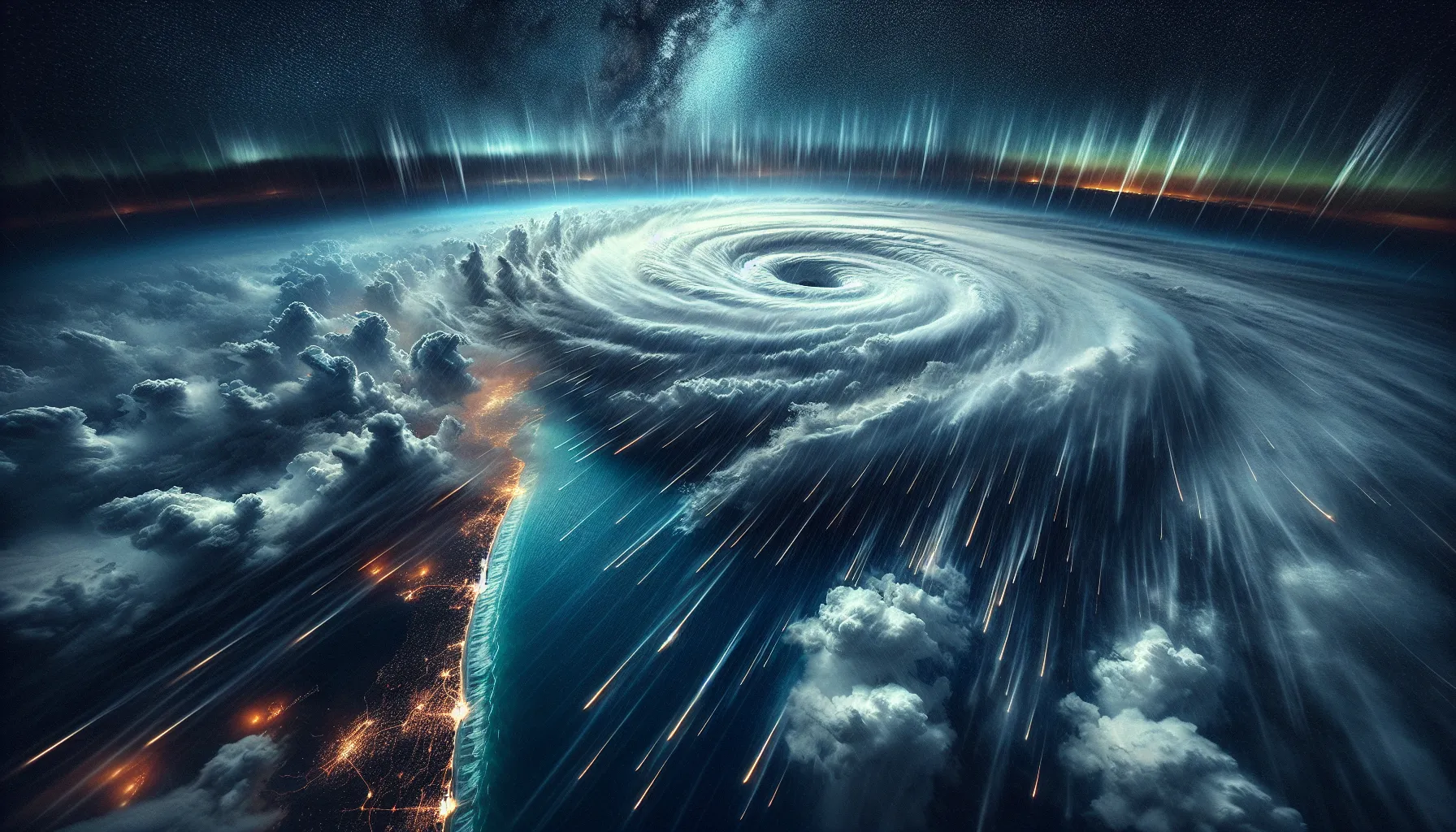 A massive cyclone rotating above an ocean with turbulent waves.