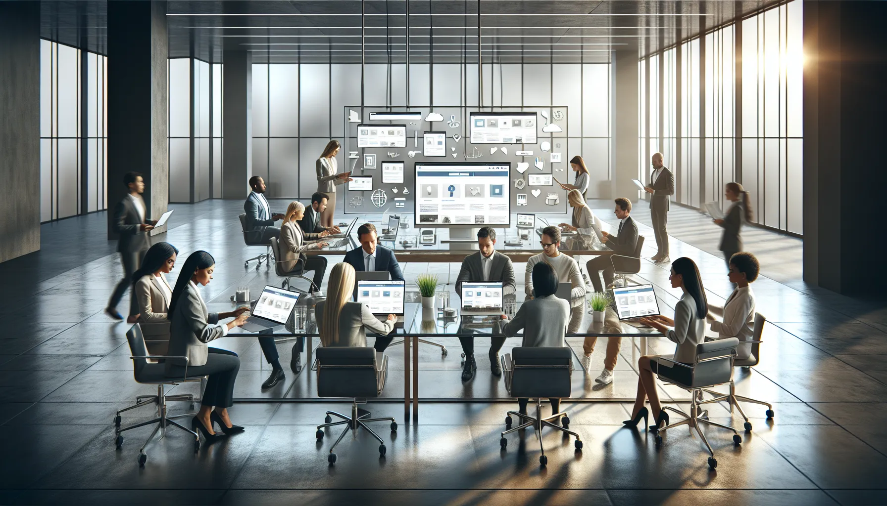 team collaborating around laptops in a modern office.