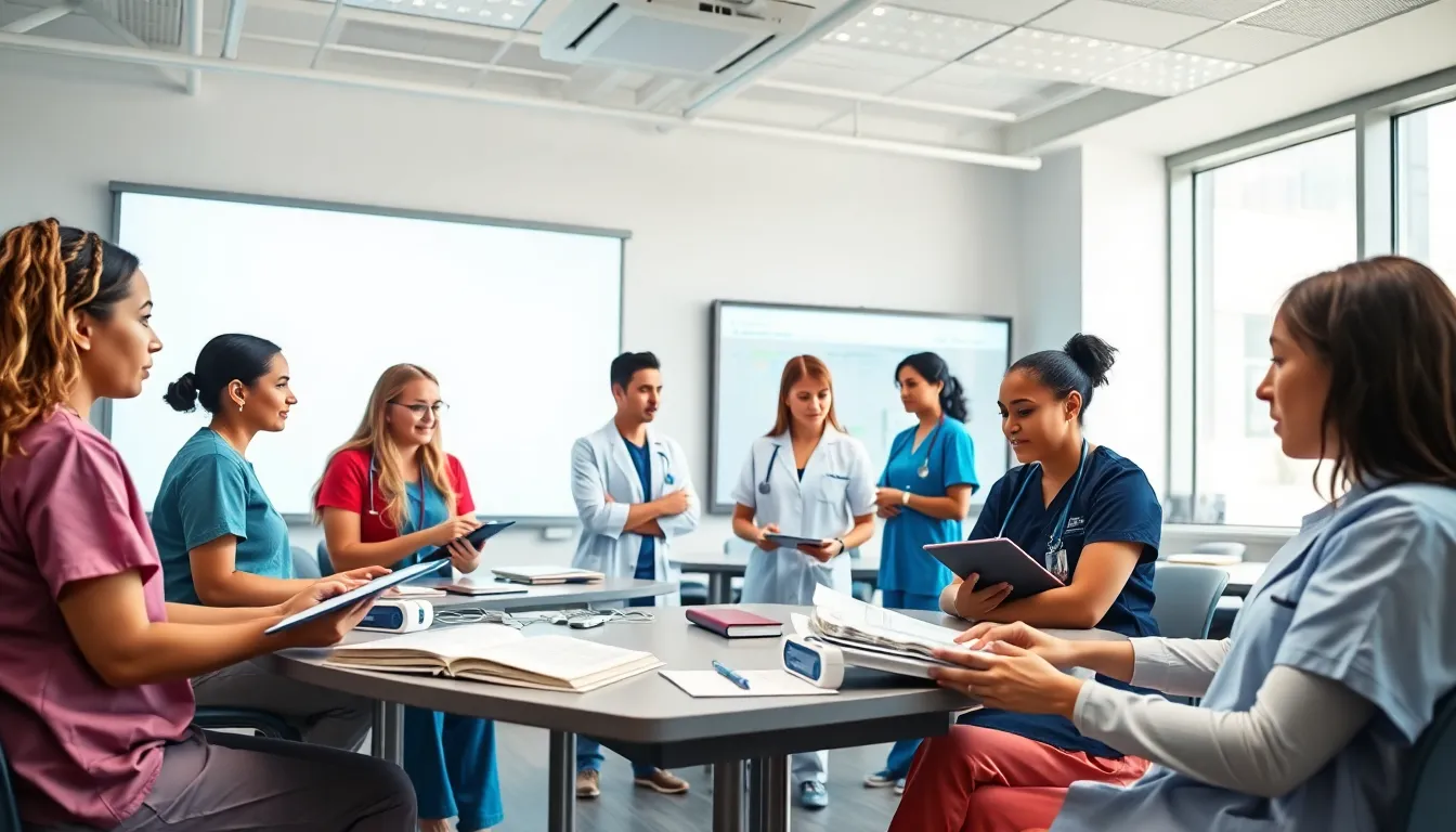 diverse nursing students learning in a modern classroom.